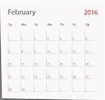 February 2016 year calendar in black and red