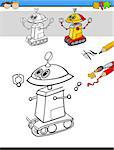Cartoon Illustration of Finishing and Coloring Educational Task for Preschool Children with Robot Fantasy Character