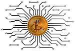 Bitcoin Circuit Over White Background. 3D Scene.