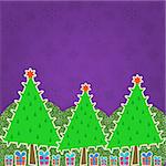 Green Christmas Tree Forest on Purple Background. Retro Greeting New Year Card