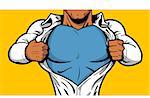 Black comic book superhero opening shirt to reveal costume underneath with Your Logo on his chest!