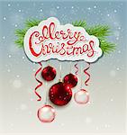 Christmas background with greeting inscription, fir branch and red decorations