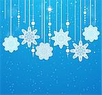 Blue vector Christmas background with beads and snowflakes