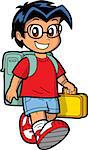 Happy Young Caucasian or Asian Schoolboy Wearing Glasses with Knapsack and Lunch Box