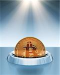 Putting Bitcoin Into Coin Slot In The Rays Of Light. 3D Scene.