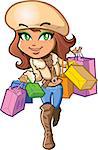 Pretty stylish brunette girl is very happy out on a shopping trip carrying shopping bags