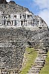 Frieze and steps up to the 130ft high El Castillo, Mayan site, Xunantunich, San Ignacio, Belize, Central America