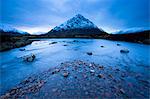 Twilight view of Buachaille Etive Mor and the River Etive, Rannoch Moor, Highland, Scotland, United Kingdom, Europe