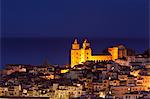 Norman cathedral lit up at dusk, Cefalu, Sicily, Italy, Mediterranean, Europe