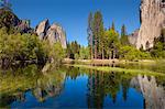 El Capitan, a 3000 feet granite monolith on the right, Cathedral Rocks and Cathedral Spires on the left, with the Merced River flowing through flooded meadows of Yosemite Valley, Yosemite National Park, UNESCO World Heritage Site, Sierra Nevada, California, United States of America, North America