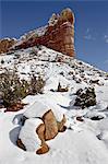 Fresh snow on red rock formations, Carson National Forest, New Mexico, United States of America, North America