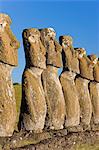 Row of monolithic stone Moai statues known as Ahu Akivi, Rapa Nui (Easter Island), UNESCO World Heritage Site, Chile, South America