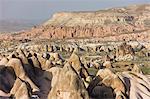 Elevated view over the volcanic tufa rock formations surrounding Goreme, Cappadocia, Anatolia, Turkey, Asia Minor, Eurasia