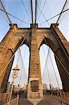 Early morning on Brooklyn Bridge, New York City, New York, United States of America, North America