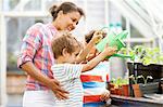 Mid adult woman and two sons watering the plants in greenhouse