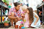 Mid adult woman and two girls smelling flower pots in greenhouse