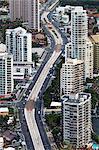 High level view of Surfers Paradise beach resort and the Gold Coast Highway, Surfers Paradise, Queensland, Australia.