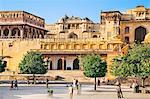 India, Rajasthan, Jaipur, Amer.  The main courtyard of the magnificent 16th century Amber Fort with the palace complex beyond.