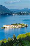 Borromean Islands, lake Maggiore, Piedmont, Italy.  Aerial view over the lake and the islands.