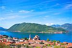 Italy, Lombardy, Lake Iseo. Along the Antica Strada Valeriana which runs across part of the lake with the Church at Sale Marasino and Monte Isola.