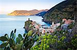 Vernazza, Cinque Terre, Liguria, Italy. Sunrise over the town, view from a vantage point