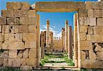 Jordan, Jerash.  The 6th century ruins of the Byzantine Church of the Propylaea viewed through the  Cardo  to the Propylaeum   the gateway leading to the Temple of Artemis in the ancient Roman city of Jerash.