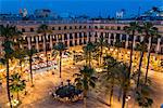 Night top view over Placa Reial or Plaza Real, Barcelona, Catalonia, Spain