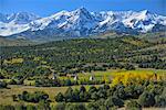 USA, Colorado, San Juan Mountains near Ridgway, Tipi camp and mountain scenery in autumn