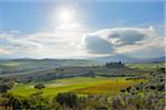 Tuscany Countryside with Farmhouse and Sun, San Quirico d'Orcia, Val d'Orcia, Province of Siena, Tuscany, Italy