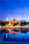 Hagia Sophia (Aya Sofya) (Santa Sofia), UNESCO World Heritage Site, reflection at night, Sultanahmet Square Park, Istanbul, Turkey, Europe