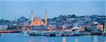 New Mosque (Yeni Cami) on the banks of the Golden Horn at night with Hagia Sophia (Aya Sofya) behind, Istanbul, Turkey, Europe