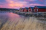 The colors of dawn light up the houses of fishermen, Flatanger, Trondelag, Norway, Scandinavia, Europe