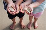 Two children with hands holding sea shells.