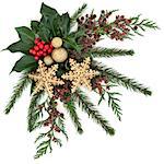 Christmas flora with gold snowflake and sparkly baubles, holly with red berries and winter greenery over white background.