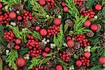 Christmas abstract background with red bauble decorations, holly, ivy, mistletoe, blue spruce fir and cedar cypress greenery.