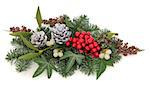 Christmas and winter flora with holly, mistletoe, pine cones and traditional greenery over white background.