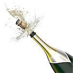 Opened bottle of champagne foaming with flying cork close-up. This illustration represents the celebration.