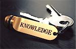 Keys to Knowledge - Concept on Golden Keychain over Black Wooden Background. Closeup View, Selective Focus, 3D Render. Toned Image.