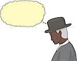 Side view cartoon of frowning man in vintage hat and suit