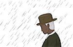 Cartoon of elderly man in in rain over white