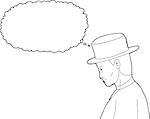 Outline cartoon of 1920s man with thought bubble