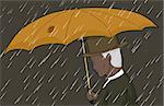 Senior Asian man holding torn umbrella in rain storm