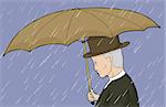 Side view cartoon of Caucasian man holding umbrella