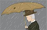 Side view cartoon of man holding damaged umbrella