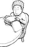 Outline cartoon of grinning child sitting at table reading books