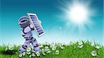 3D render of daisies in grass with a robot holding a solar panel towards the sunny sky