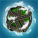 3D render of grassy globe with roads against a blue cloudy sky