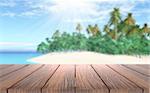 3D render of a wooden table looking out to a tropical island in sea
