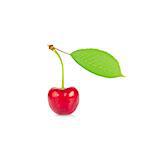 Ripe juicy cherry with green leaf. Isolated on white background