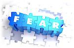 Fear - White Word on Blue Puzzles on White Background. 3D Illustration.